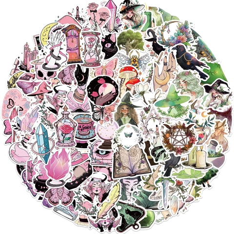 Adesivi Strega Rosa Verde Gotico Magia Estetica PVC Impermeabile Decalcomanie per Laptop Chitarra Bagagli Fai da Te Accessorio