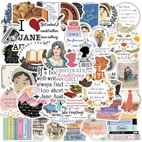 Adesivi a Tema Letterario Jane Austen in PVC Impermeabile Citazioni Libri Vintage per Laptop Scrapbook Chitarra Decorazione