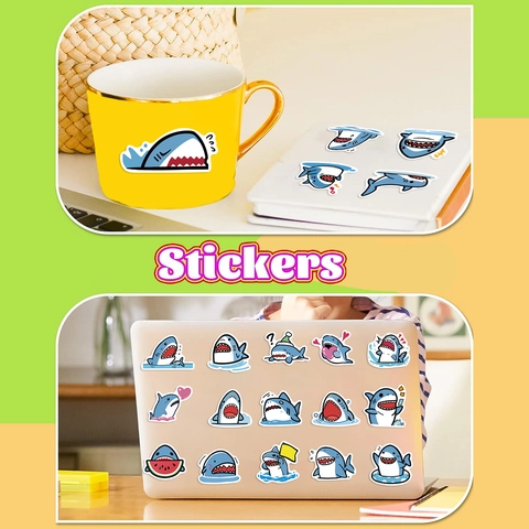 Cartoon Blue Shark Graffiti Stickers Waterproof PVC Decals For Laptop Guitar Luggage DIY Decorative Stickers For Kids Teens