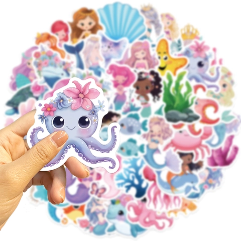 Waterproof Mermaid Sea Creatures Cartoon Stickers For Laptop Luggage Guitar PVC DIY Decorative Decals For Kids Teens