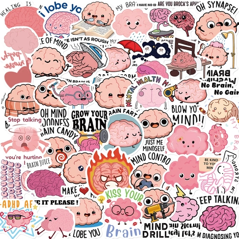 50 Pièces Autocollants Cerveau Dessin Animé Imperméable Vinyle Doodle Decals pour Ordinateur Bagage Guitare Bouteille d'Eau Santé Mentale
