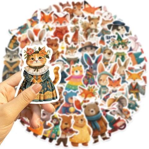 Waterproof PVC Cartoon Animal Stickers Watercolor Illustration Bear Fox Rabbit Cat Decorative Decals For Laptop Luggage Guitar