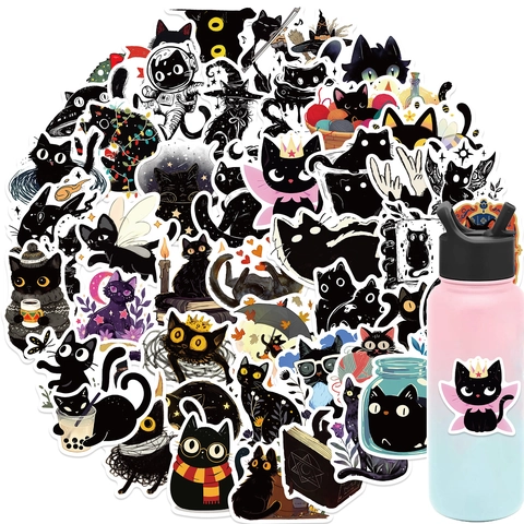 Cartoon Black Cat Stickers Waterproof Vinyl Decals For Laptop Water Bottle Guitar DIY Decorative Wizard Cat Stickers For Kids Adults