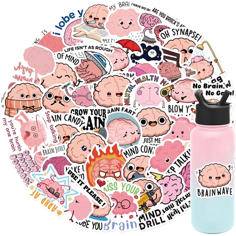 50 Pièces Autocollants Cerveau Dessin Animé Imperméable Vinyle Doodle Decals pour Ordinateur Bagage Guitare Bouteille d'Eau Santé Mentale
