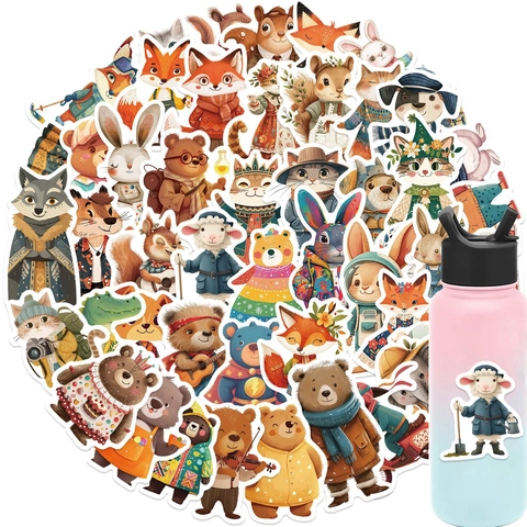 Waterproof PVC Cartoon Animal Stickers Watercolor Illustration Bear Fox Rabbit Cat Decorative Decals For Laptop Luggage Guitar
