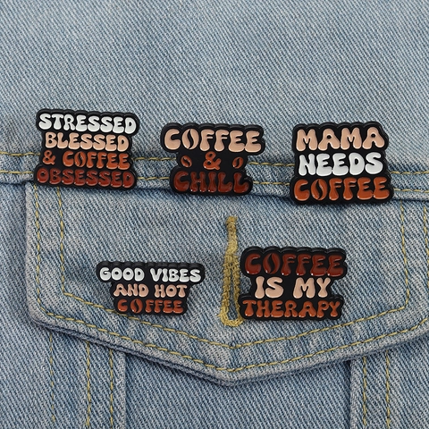 Funny Coffee Slogan Enamel Pin Badge Set Zinc Alloy Cartoon Coffee Bean Lapel Pins For Women Men Clothing Bags Decorative Accessory