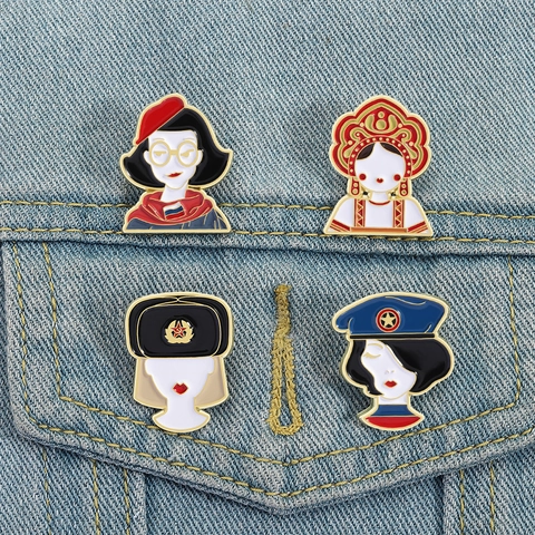 Vintage Russische Meisje Portret Emaille Pin Badge Zinklegering Gelakt Etnische Broche Voor Rugzak Kleding Jas