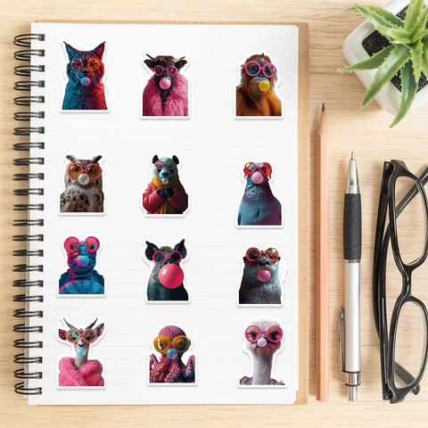 Autocollants Imperméables Animaux Dessin Animé Lunettes de Soleil Bubble Gum Design PVC Décalcomanies pour Laptop Bagage Guitare Décoration DIY
