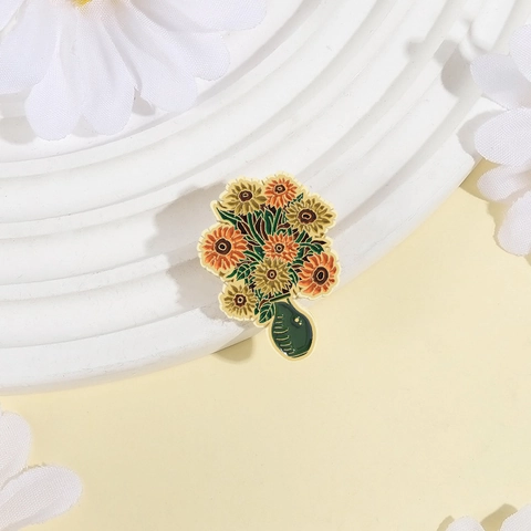 Artistic Oil Painting Style Sunflower Vase Brooch Zinc Alloy Enamel Pin Botanical Flower Badge Decorative Jewelry Accessory For Clothing Bags
