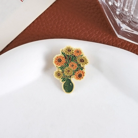 Artistic Van Gogh Sunflower Vase Enamel Brooch Pin For Women Men Zinc Alloy Painted Flower Badge Apparel Accessories Jewelry Gift