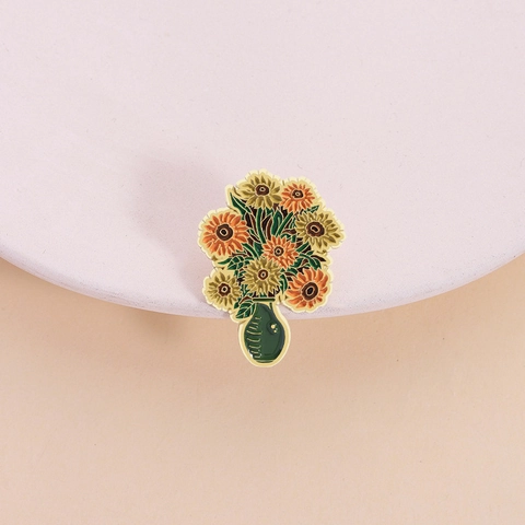 Artistic Van Gogh Sunflower Vase Enamel Brooch Pin For Women Men Zinc Alloy Painted Flower Badge Apparel Accessories Jewelry Gift