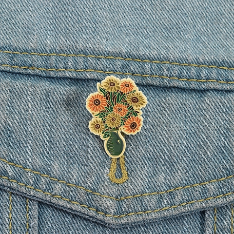 Broche en Émail Tournesols Van Gogh Broche Artistique Vase de Fleurs Alliage de Zinc Badge Pour Vêtements Sac à Dos Bijoux Cadeau