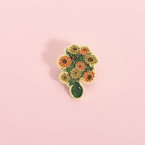 Artistic Oil Painting Style Sunflower Vase Brooch Zinc Alloy Enamel Pin Botanical Flower Badge Decorative Jewelry Accessory For Clothing Bags