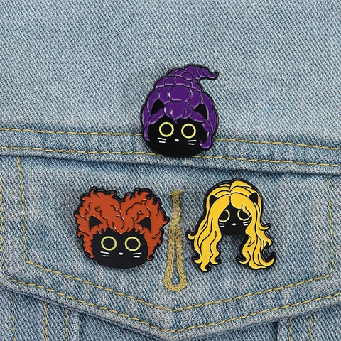 Magische Schwarze Katze Emaille Pin Set Hexe Schwester Frisur Zinklegierung Brosche Abzeichen Für Halloween Party Kleidung