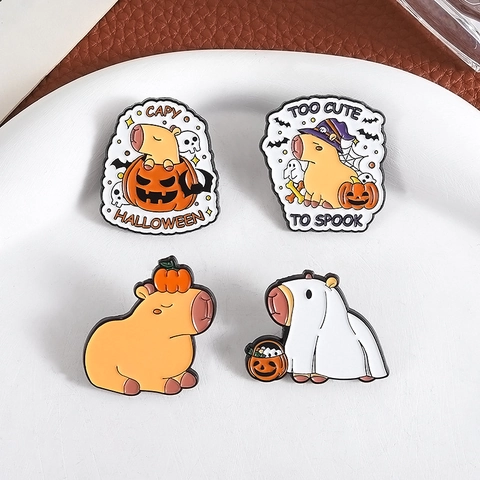 Cute Halloween Capybara Enamel Pin Zinc Alloy Cartoon Pumpkin Ghost Witch Hat Brooch For Kids Holiday Clothing Decoration Badge Gift