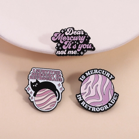 Cute Enamel Mercury Retrograde Brooch Pin Alloy Cartoon Black Cat Planet Badge For Backpack Clothing Jacket Jewelry Gift