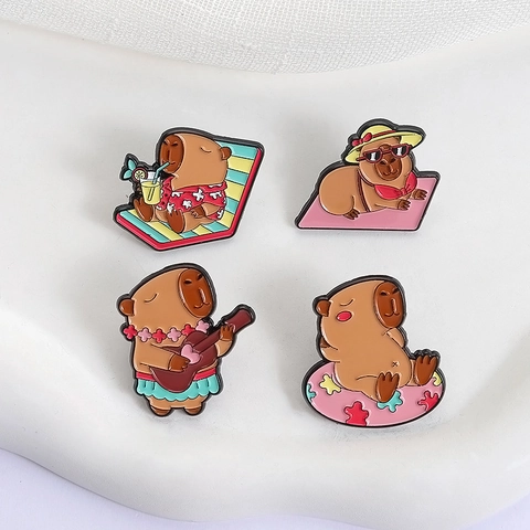 Cute Cartoon Capybara Summer Vacation Theme Enamel Brooch Pin Zinc Alloy Animal Badge For Clothing Bags Decorative Jewelry Gift