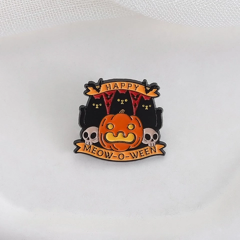 Pin de Esmalte Halloween Happy Meow-O-Ween Aleación de Zinc Gato Negro Calabaza Calavera Broche para Ropa Mochila Decoración