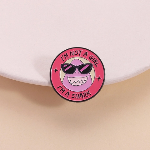 Round Pink Enamel Pin Funny Purple Shark Sunglasses I'm Not A Girl I'm A Shark Cartoon Metal Brooch Badge Accessories For Women Men Backpack