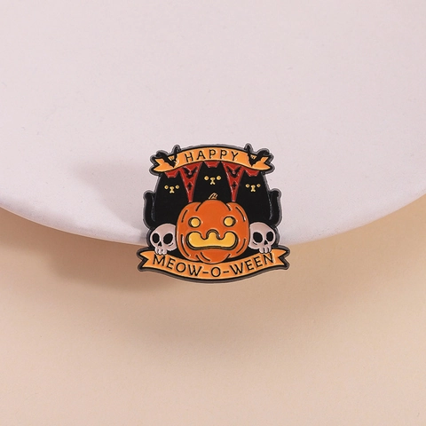 Spilla Smaltata Halloween Gatto Nero Zucca Teschio Happy Meow-O-Ween Spilla Lega di Zinco Distintivo Laccato per Vestiti Zaino
