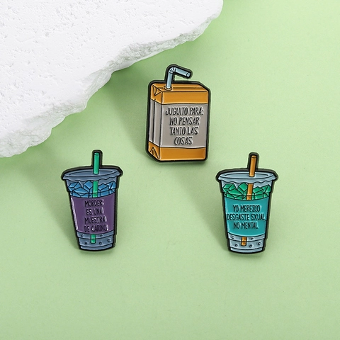 Creative Cartoon Beverage Cup Enamel Brooch Pin Set Spanish Slogan Humorous Quote Alloy Badge Jewelry For Clothing Backpack Decor