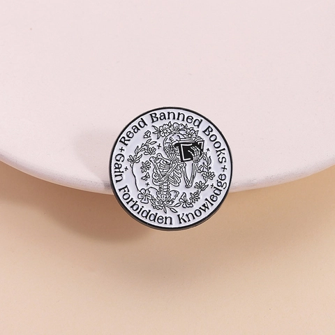 Gothic Round Enamel Brooch Badge Skeleton Reading Book Floral Design Zinc Alloy Badge Read Banned Books Knowledge Gift