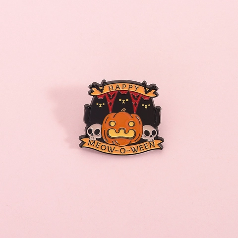 Pin de Esmalte Halloween Happy Meow-O-Ween Aleación de Zinc Gato Negro Calabaza Calavera Broche para Ropa Mochila Decoración