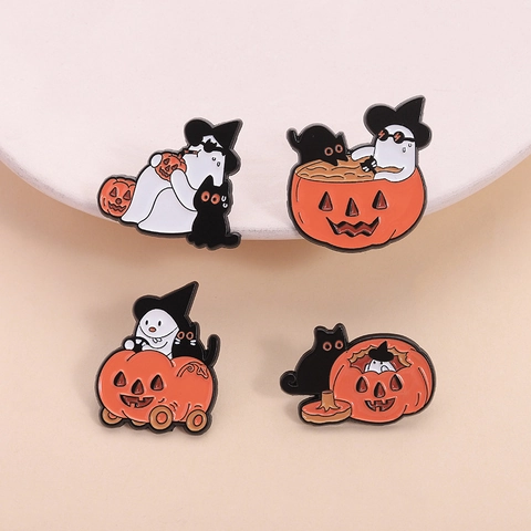 Halloween Emaille Brosche Pins Süßer Cartoon Kürbis Geist Schwarze Katze Zinklegierung Abzeichen Schmuck Zubehör Für Festival Party