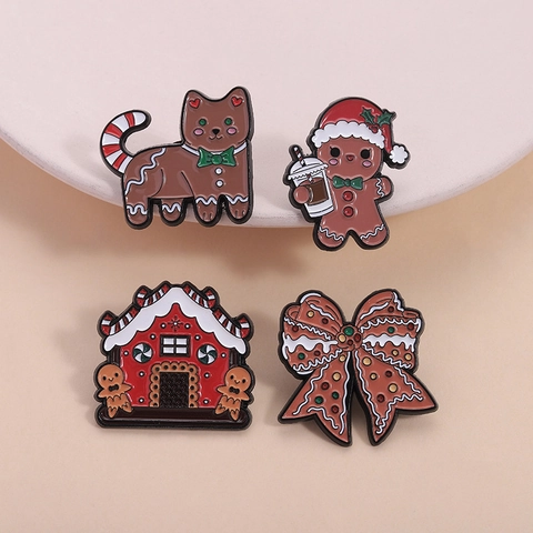 Juego de Broches de Esmalte de Navidad Hombre de Jengibre Casa Gato Lazo Aleación de Zinc Insignia para Ropa Bolsa Joyería Regalo