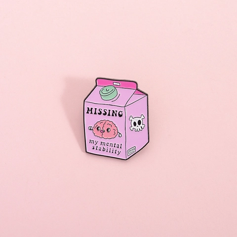 Cartoon Pink Milk Carton Enamel Brooch Missing My Mental Stability Brain Skull Zinc Alloy Badge Lapel Pin For Backpack Unisex