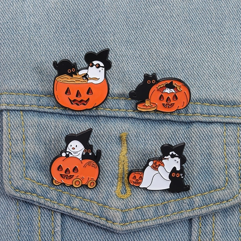 Ensemble de Pin's Émaillés Fantôme Citrouille d'Halloween Badge Chat Noir Chapeau de Sorcier en Alliage de Zinc pour Sac à Dos