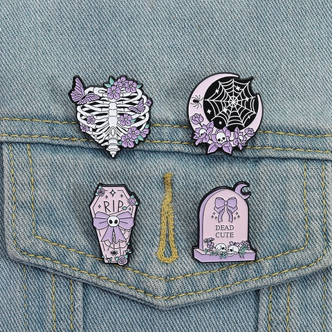 Gothic Halloween Enamel Pin Brooch Purple Zinc Alloy Skull Coffin Tombstone Rib Cage Decorative Badge Jewelry Accessory Unisex