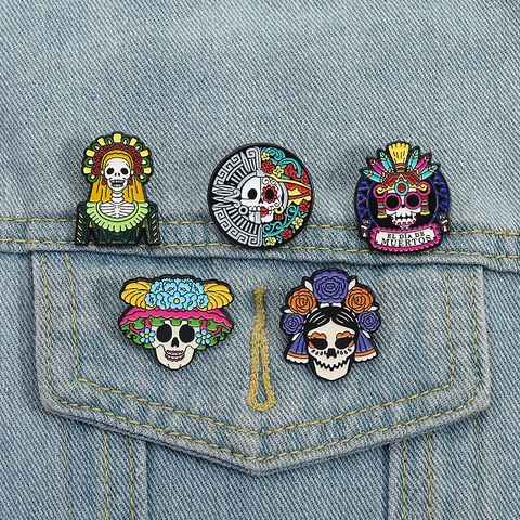 Zinklegierung Emaille Brosche Personalisierte Cartoon Tag Der Toten Schädel Skelett Abzeichen Pin Halloween Geschenk Für Unisex