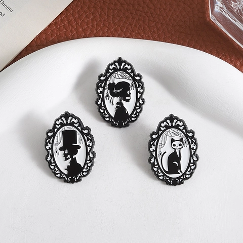 Gothic Dark Style Totenkopf Katze Retro Fotorahmen Brosche Zinklegierung Lackierte Anstecknadel Halloween Kostüm Zubehör Unisex Schmuck