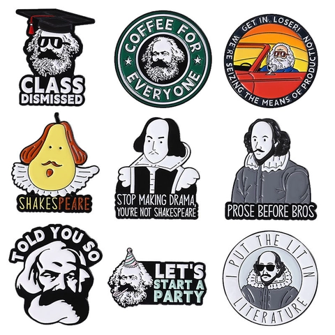 Ensemble de Pin's en Émail Caricature Amusante Karl Marx Et William Shakespeare Broche Créative en Alliage de Zinc pour Décoration de Vêtements Sac à Dos