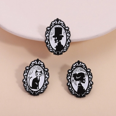Gothic Dark Style Totenkopf Katze Retro Fotorahmen Brosche Zinklegierung Lackierte Anstecknadel Halloween Kostüm Zubehör Unisex Schmuck