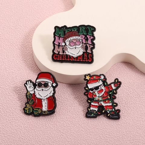 Funny Christmas Enamel Pin Set Cartoon Santa Claus Dabbing Sunglasses Brooch Sarcastic Text Badges Holiday Party Decoration