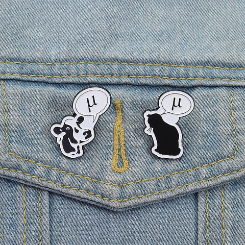 Cartoon Enamel Pin Cute Cow And Black Cat Brooch With Greek Letter Mu Zinc Alloy Baking Varnish Badge For Clothing Decor