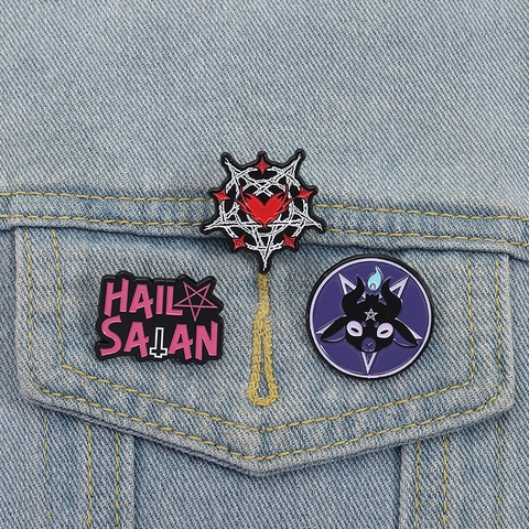 Gothic Enamel Brooch Set Dark Punk Zinc Alloy Baphomet Goat Head Hail Satan Heart Star Pins For Backpack Clothing Unisex Jewelry Accessory