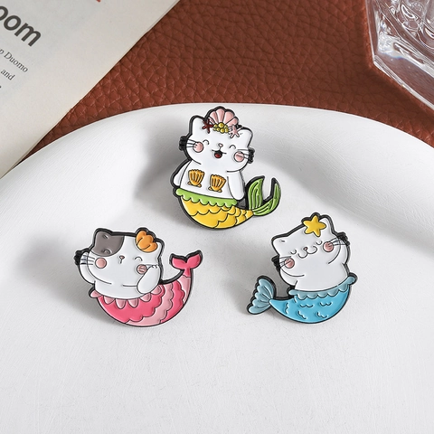 Cute Cartoon Cat Mermaid Enamel Pin Alloy Animal Brooch Badge For Clothes Bags Backpacks Accessories Jewelry Gift For Kids Women