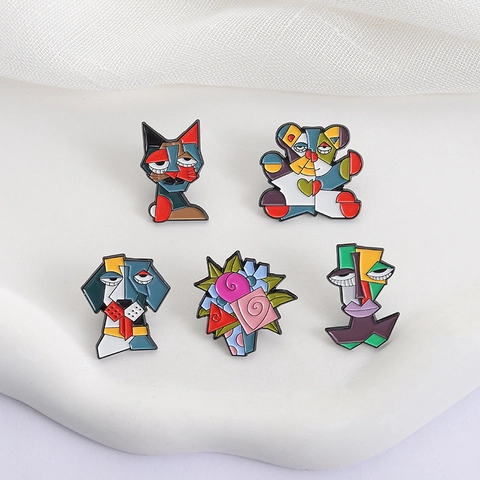 Broche en Émail Artistique Abstraite Cubiste Géométrique Animal Visage Fleur Épingle en Alliage de Zinc pour Accessoires de Vêtement Bijoux