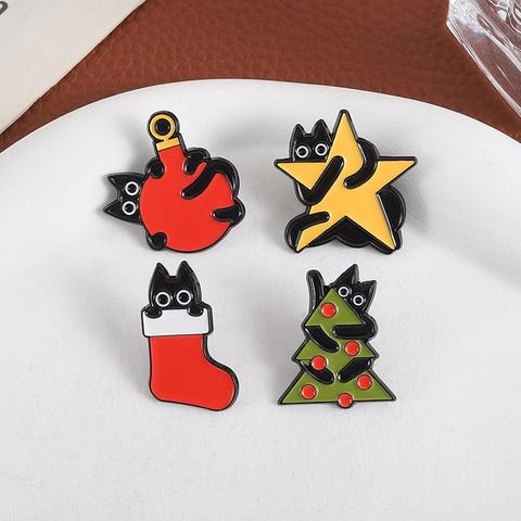 Set de Broches en Émail Chat Noir de Noël Alliage Insigne de Dessin Animé Festif pour Décoration de Sapin de Noël Étoile Chaussette