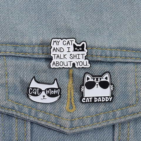 Lustige Cartoon Katze Emaille Brosche Pin Set Zinklegierung Schwarz Weiß Cat Mom Cat Daddy Abzeichen Für Kleidung Rucksack