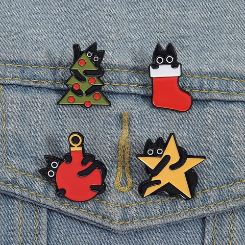 Süße Cartoon Weihnachten Schwarze Katze Emaille Pins Tier Legierung Brosche Abzeichen Für Rucksack Kleidung Jacke Dekoration Geschenk Damen Kinder