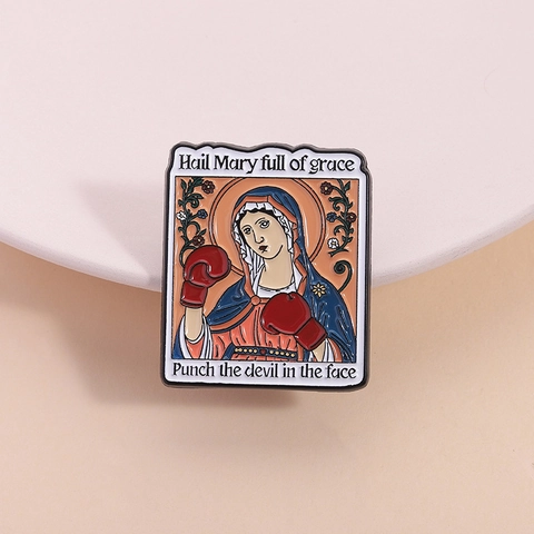 Creative Boxing Virgin Mary Enamel Pin Funny Cartoon Character Zinc Alloy Brooch For Backpack Clothing Accessories Unisex Gift