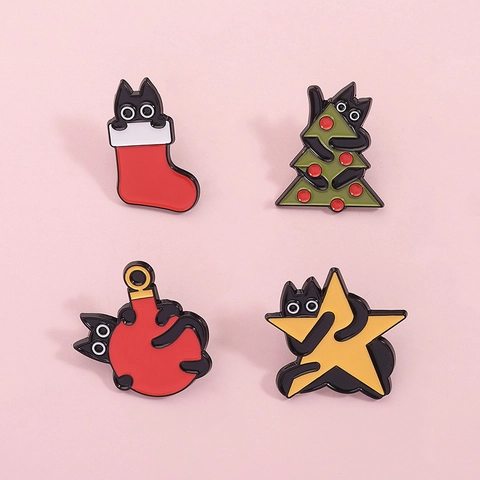 Ensemble de Pins en Émail Chat Noir de Noël Dessin Animé Sapin Étoile Chaussette Badge Broche en Métal pour Décoration de Sac à Dos