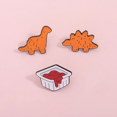 Creative Dinosaur Chicken Nugget Sauce Enamel Brooch Pin Zinc Alloy Cartoon Dino Food Badge For Backpack Clothing Accessory