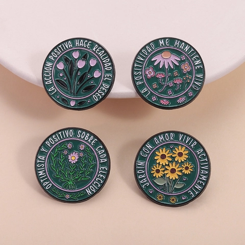 Runde Metall Emaille Brosche Pin Mit Spanischen Inspirierenden Slogans Blumenmuster Zinklegierung Abzeichen Für Rucksack Kleidung