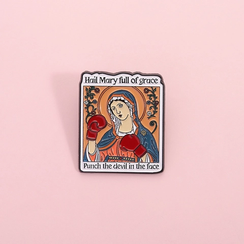 Creative Boxing Virgin Mary Enamel Pin Funny Cartoon Character Zinc Alloy Brooch For Backpack Clothing Accessories Unisex Gift