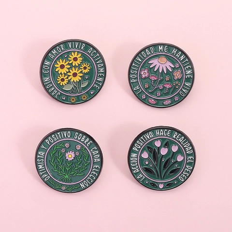 Runde Metall Emaille Brosche Pin Mit Spanischen Inspirierenden Slogans Blumenmuster Zinklegierung Abzeichen Für Rucksack Kleidung